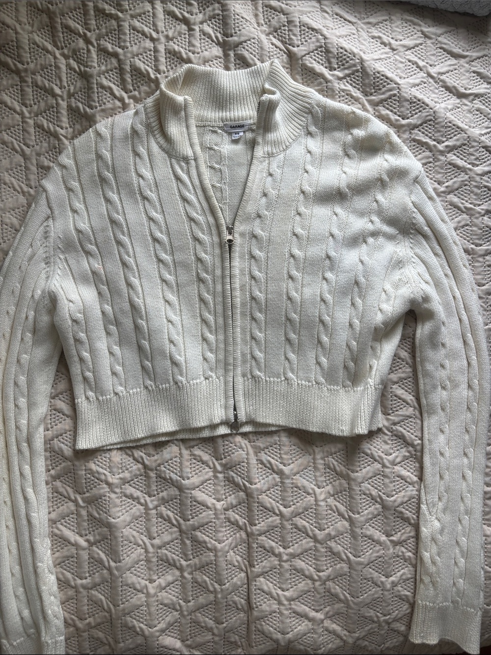 Garage White Cable Knit Zip-Front Cropped Sweater